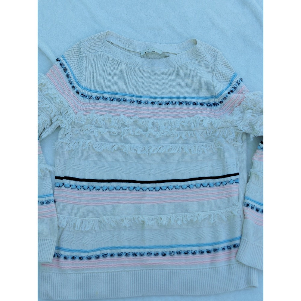Loft Women XL Cream Cotton Fringe Striped Boho Long Sleeve Knit Sweater